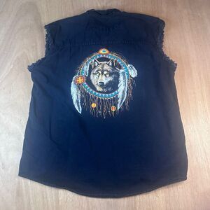 Vintage Biker’s Edge Wolf Dreamcatcher Cutoff Vest XXL Black Denim